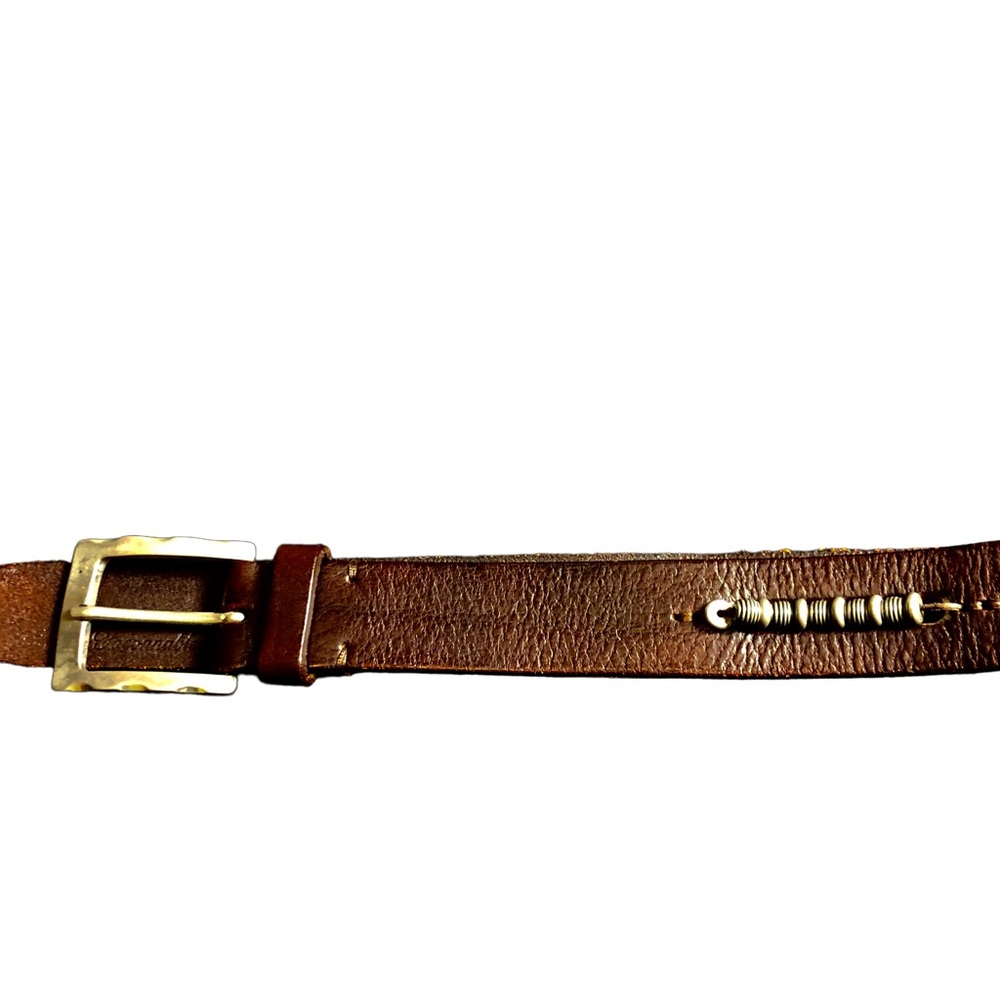 Faconnable SZ 40 Brown Western Beaded Leather Brass Buckle Belt Made in Italy